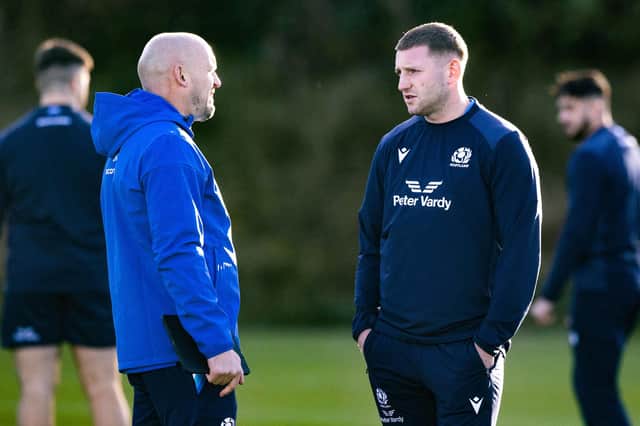 Scotland head coach Gregor Townsend chats with Finn Russell during a Scotland training session at the Oriam on Wednesday. (Photo by Craig Williamson / SNS Group)