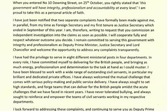 Image taken from the Twitter feed of Deputy Prime Minister, Justice Secretary and Lord Chancellor Dominic Raab of the letter he wrote to Prime Minister Rishi Sunak requesting "an independent investigation into two formal complaints that have been made against" him. Issue date: Wednesday November 16, 2022.