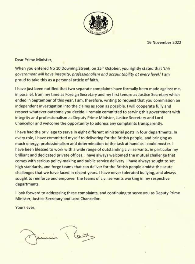 Image taken from the Twitter feed of Deputy Prime Minister, Justice Secretary and Lord Chancellor Dominic Raab of the letter he wrote to Prime Minister Rishi Sunak requesting "an independent investigation into two formal complaints that have been made against" him. Issue date: Wednesday November 16, 2022.