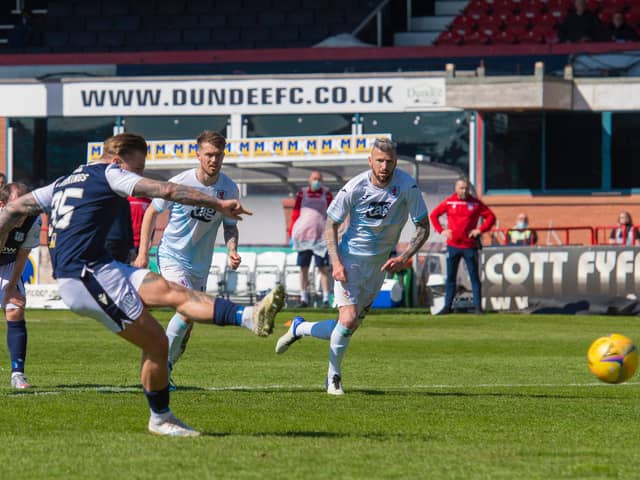 Dundee striker Jason Cummings - seen here slotting home from the spot in the 2-1 win over Raith Rovers on Saturday - is happy to be back on penalties  (Photo by Mark Scates / SNS Group)