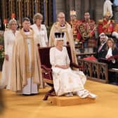 Queen Camilla is crowned with Queen Mary's Crown during her coronation ceremony at Westminster Abbey, London. Picture: Jonathan Brady/PA Wire