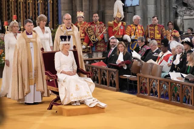 Queen Camilla is crowned with Queen Mary's Crown during her coronation ceremony at Westminster Abbey, London. Picture: Jonathan Brady/PA Wire