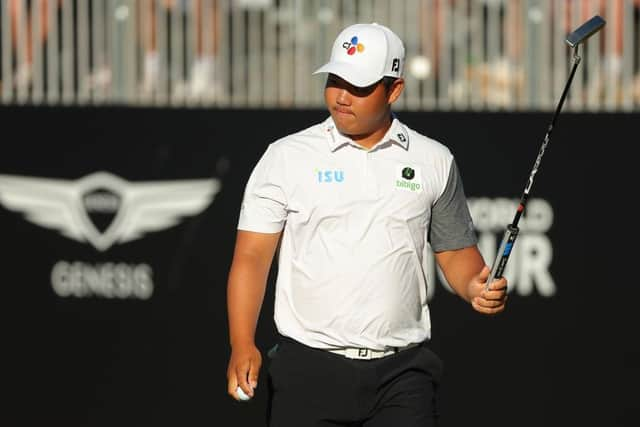 Tom Kim reacts to making a birdie putt on his way to finishing third in this year's Genesis Scottish Open at The Renaissance Club. Picture: Kevin C. Cox/Getty Images.