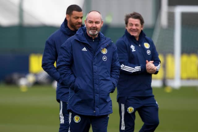 Scotland manager Steve Clarke with his backroom staff at a training session ahead of the World Cup qualifier with the Faroe Islands - he says he has already picked his team (Photo by Craig Williamson / SNS Group)