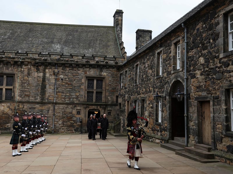 A Piper leads the procession of the Stone of Destiny, which is also known as the Stone of Scone, in Edinburgh Castle before its onward transportation to be placed beneath the Coronation Chair at Westminster Abbey for the coronation of King Charles III.