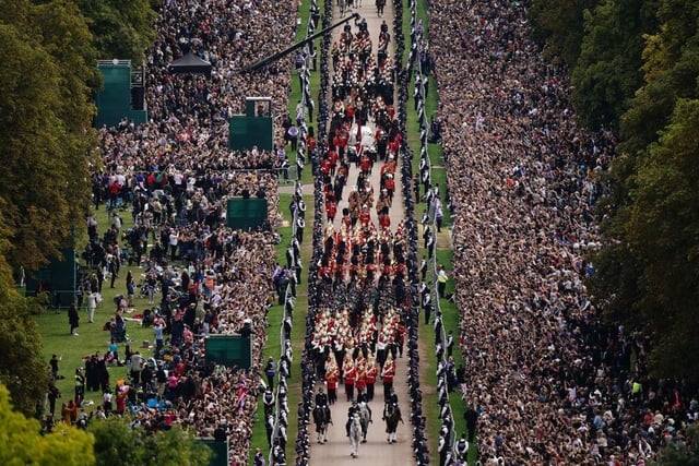 The State Hearse carrying the coffin of Queen Elizabeth II up the Long Walk