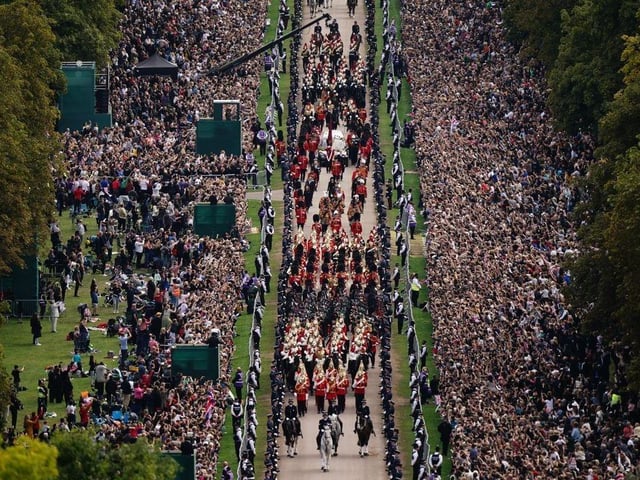 The State Hearse carrying the coffin of Queen Elizabeth II up the Long Walk