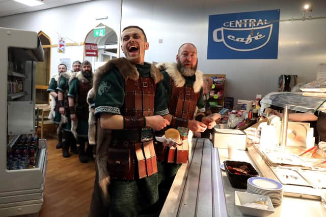 Modern-day Vikings stock up on bacon rolls before Lerwick's Up Helly Aa Viking festival (Picture: Andrew Milligan/PA)