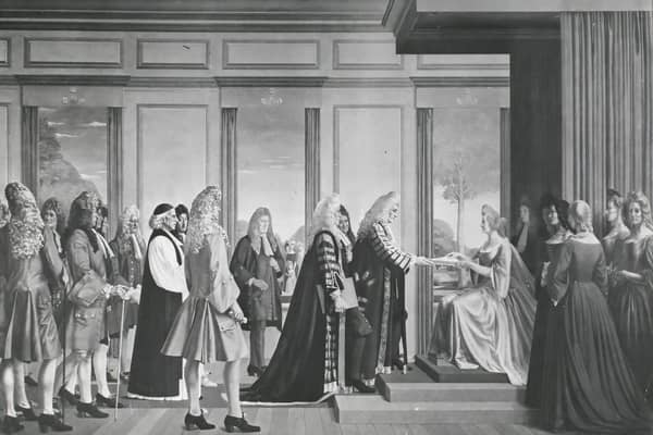 Queen Anne receiving the Act of Union in 1707 in an illustration by Walter Mannington