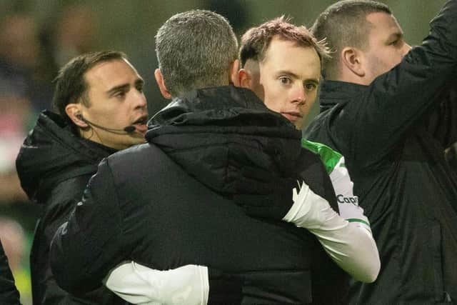 Harry McKirdy embraces manager Nick Montgomery after his Hibs return.