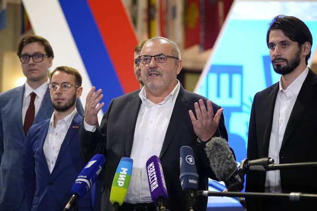 Boris Nadezhdin speaks to journalists after submitting his documents as a presidential candidate for the upcoming presidential election in the Russia's Central Election Committee in Moscow. The Civic Initiative party, which is not represented in the Duma, is expected to back the nomination of independent candidate Nadezhdin, who is known for campaigning against Russia's actions in Ukraine. (AP Photo/Alexander Zemlianichenko)