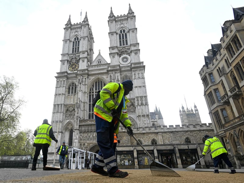 Final preparations are made in front of Westminster Abbey, London, ahead of the coronation of King Charles III and Queen Camilla on Saturday. Picture, Toby Melville/PA Wire