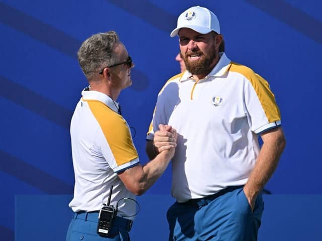 European captain Luke Donald greets Shane Lowry on the first tee on the first official practice day for the 44th Ryder Cup at Marco Simone Golf and Country Club in Rome. Picture: Alberto Pizzoli/AFP via Getty Images.
