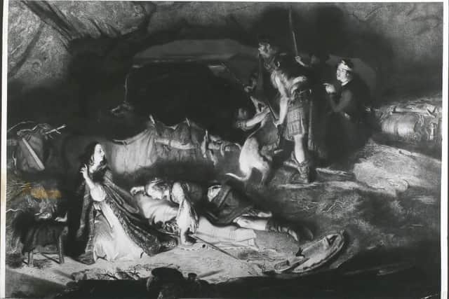 Prince Charles hiding in a cave with his adherents and Flora MacDonald after the Battle of Culloden, during the Second Jacobite Rising, 1745.
