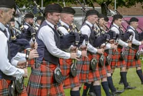 One, two, three ... blow! It's Battle of the Bagpipes. Picture: Peter Devlin/Sky