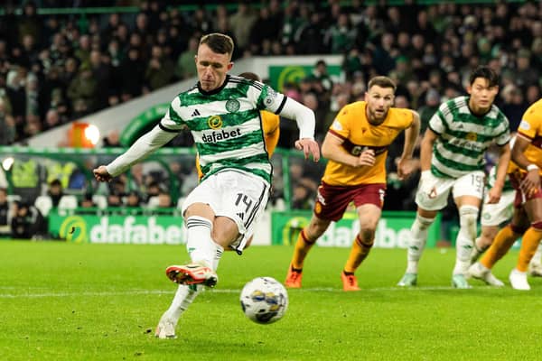 Celtic's David Turnbull converts the club's eighth Premiership penalty of the season - a haul that means they have been awarded two more spot-kicks than Rangers in the league this season. (Photo by Craig Foy / SNS Group)