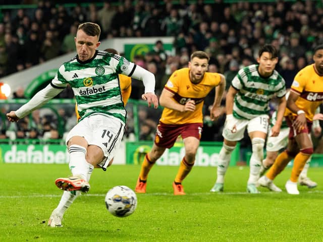 Celtic's David Turnbull converts the club's eighth Premiership penalty of the season - a haul that means they have been awarded two more spot-kicks than Rangers in the league this season. (Photo by Craig Foy / SNS Group)