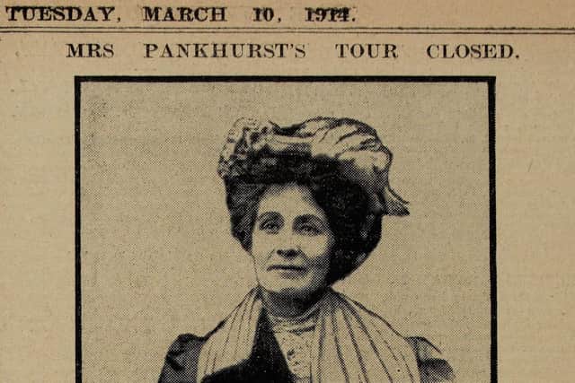 Photograph of Emmeline Pankhurst, Edinburgh Evening Dispatch, 10 March 1914, by permission of the National Library of Scotland.