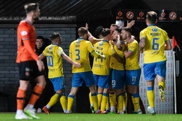 Raith Rovers players surround Dylan Easton after he struck the winner against Dundee United.  (Photo by Sammy Turner / SNS Group)