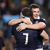 Matt Scott celebrates with Hamish Watson after Scotland's win over Australia in Sydney in 2017. It was the centre's last appearance for the national side.  (Photo by Mark Kolbe/Getty Images)