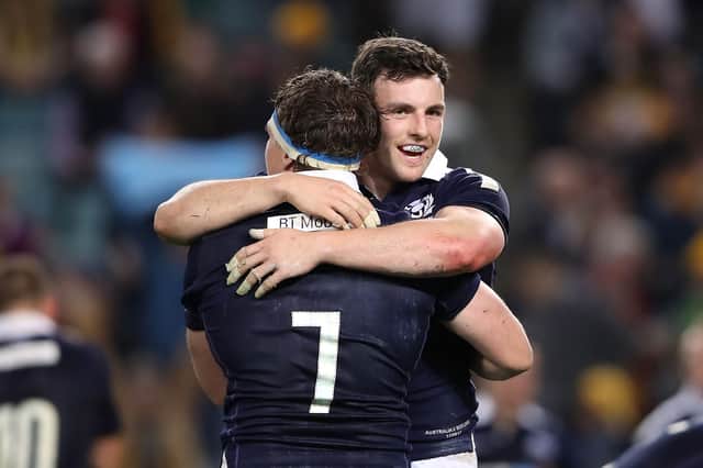 Matt Scott celebrates with Hamish Watson after Scotland's win over Australia in Sydney in 2017. It was the centre's last appearance for the national side. (Photo by Mark Kolbe/Getty Images)