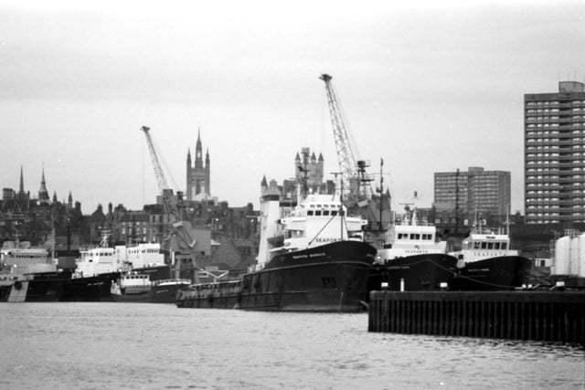 Oil supply vessels at Aberdeen docks, December 1980.