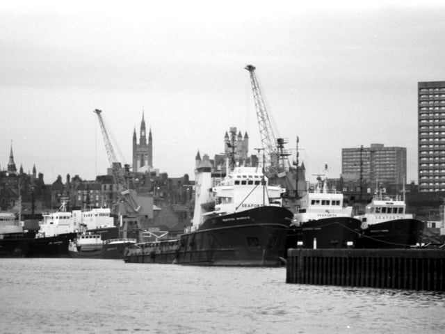 Oil supply vessels at Aberdeen docks, December 1980.