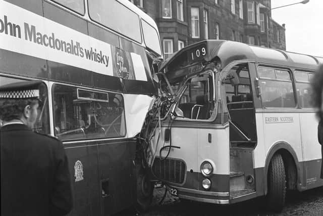 From another angle, an Eastern Scottish coach and an Edinburgh Council bus collided outside Meadowbank stadium in April 1975   Pic Stan Warburton