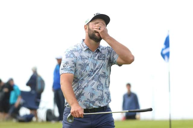 Jon Rahm reacts after missing a short putt on the 16th green in the third round of the abrdn Scottish Open at The Renaissance Club. Picture: Andrew Redington/Getty Images.