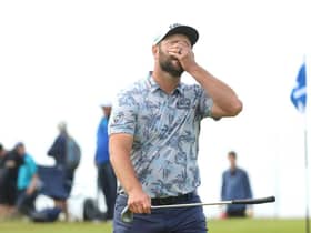 Jon Rahm reacts after missing a short putt on the 16th green in the third round of the abrdn Scottish Open at The Renaissance Club. Picture: Andrew Redington/Getty Images.