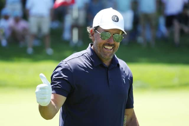 Phil Mickelson gives the fans a thumbs up during a practice round prior to the US Open at The Country Club in Brookline, Massachusetts. Picture: Warren Little/Getty Images.