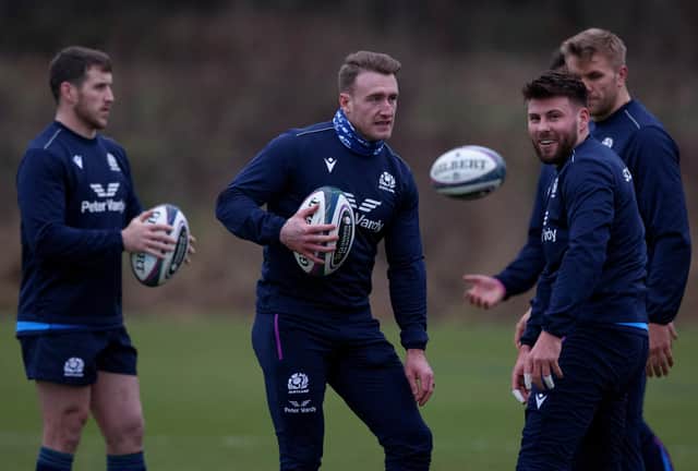 Scotland captain Stuart Hogg, centre, training at Oriam this week. (Photo by Craig Williamson / SNS Group)