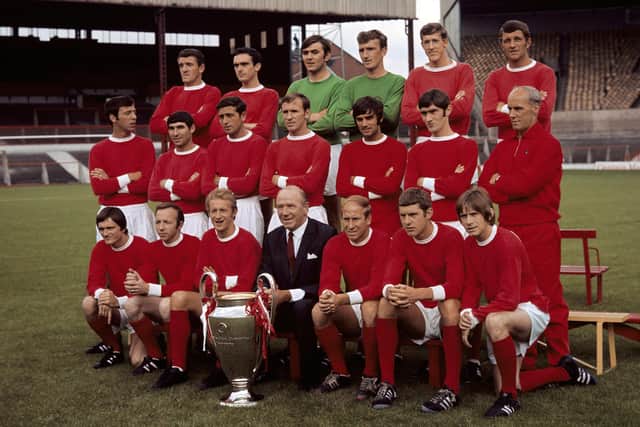 John Fitzpatrick, in the front row, extreme right, with the 1968 Manchester United European Cup-winning squad.