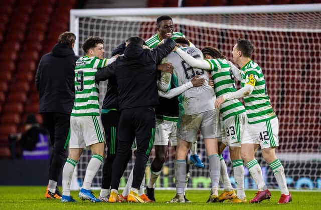 Celtic players celebrate after defeating Hearts in the Scottish Cup final. Picture: SNS