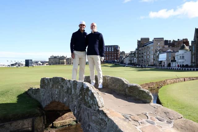 Billy Horschel and his father, Billy Horschel snr, pose for a photograph on the 18th hole during a practice round ahead of the Alfred Dunhill Links Championship. Picture: Matthew Lewis/Getty Images.