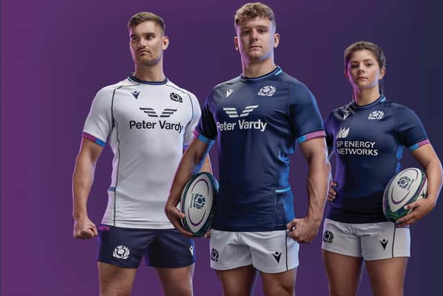 James Lang, Darcy Graham and Lisa Thomson model the new Scotland kit. Picture: Scottish Rugby