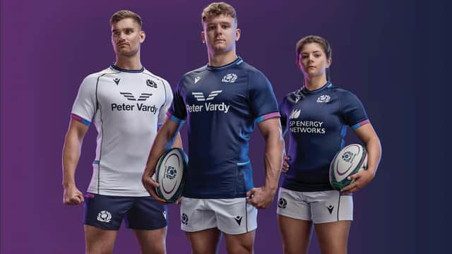 James Lang, Darcy Graham and Lisa Thomson model the new Scotland kit. Picture: Scottish Rugby