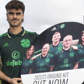 Celtic winger Jota promotes the club's new origins kit launched to coincide with St Patrick's day. (Photo by Craig Foy / SNS Group)