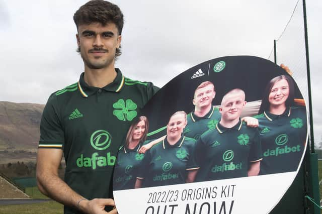 Celtic winger Jota promotes the club's new origins kit launched to coincide with St Patrick's day. (Photo by Craig Foy / SNS Group)