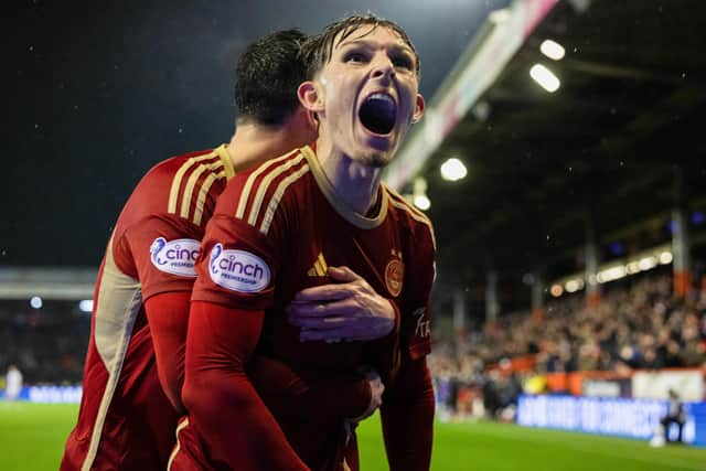 Leighton Clarkson celebrates scoring Aberdeen's late winner over Hearts.