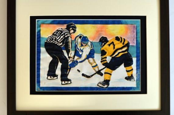 One for all ice hockey fans - a portrait of a face  off by Sarah Miles Art Studio.
Made mainly from lino printing, it was inspired by Nottingham Panthers and Fife Flyers.
https://www.etsy.com/market/sarah_miles_art