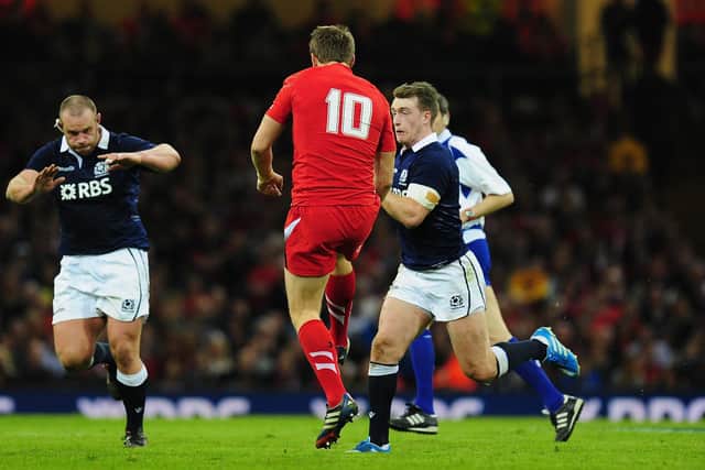 Hogg was sent off in 2014 for this challenge on Wales' Dan Biggar.