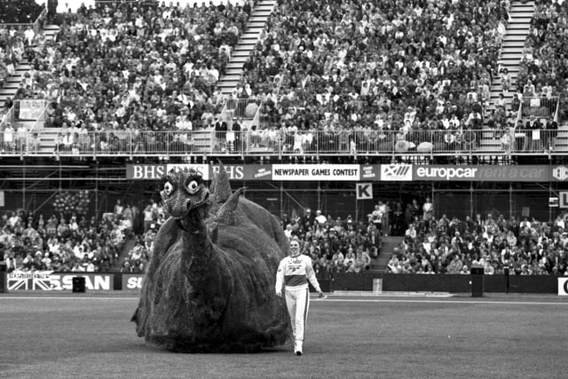 The Games mascot Big Nessie entertains the crowds at the opening ceremony of the Edinburgh Commonwealth Games 1986.