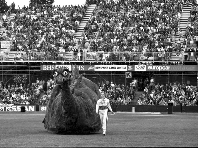 The Games mascot Big Nessie entertains the crowds at the opening ceremony of the Edinburgh Commonwealth Games 1986.