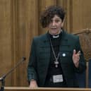 New Moderator the Rt Rev Sally Foster-Fulton said she had gone "a bit rogue" in choosing a green jacket for her formal outfit.  Picture: Andrew O'Brien.