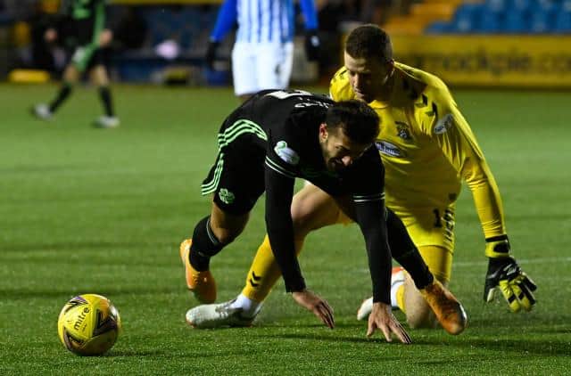 Penalty awarded to Celtic after Albian Ajeti is brought down by Colin Doyle during the Scottish Premiership match between Kilmarnock and Celtic at Rugby Park on February 02, 2021, in Kilmarnock, Scotland. (Photo by Rob Casey / SNS Group)