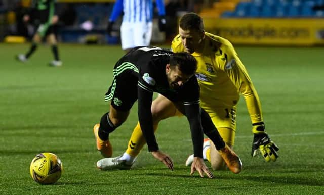 Penalty awarded to Celtic after Albian Ajeti is brought down by Colin Doyle during the Scottish Premiership match between Kilmarnock and Celtic at Rugby Park on February 02, 2021, in Kilmarnock, Scotland. (Photo by Rob Casey / SNS Group)