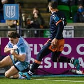 Glasgow's Josh McKay (L) scores a try during a United Rugby Championship match between Glasgow Warriors and Edinburgh Rugby at Scotstoun Stadium, on March 18, 2022, in Glasgow, Scotland.  (Photo by Ross MacDonald / SNS Group)