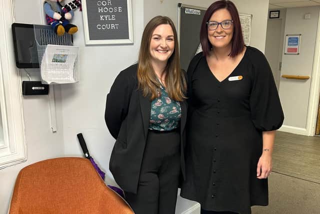 MSP for Renfrewshire North and West & Minister for Children, Young People and The Promise, Natalie Don-Innes and Annmarie Speirs, Care Manager at HC-One Scotland’s Kyle Court Care Home