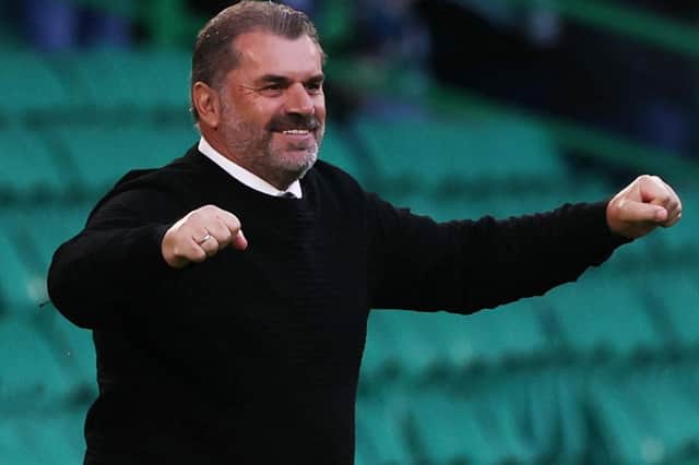 Celtic manager Ange Postecoglou celebrates his side going in front in their 3-0 win over Jalbonec that he said was an occasion when the return of a huge crowd to the Parkhead stadium gave his team energy.(Photo by Craig Williamson / SNS Group)